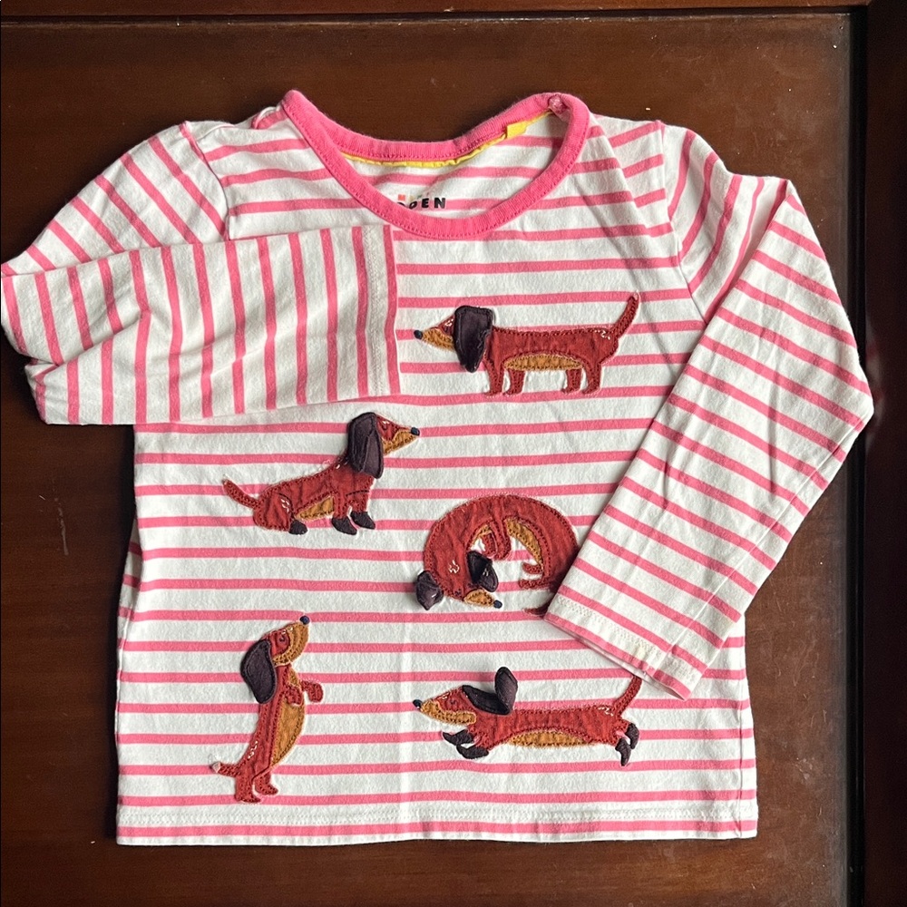 Mini BodenGirls' Pink Stripe Long-Sleeve Top with Dachshund Appliqués